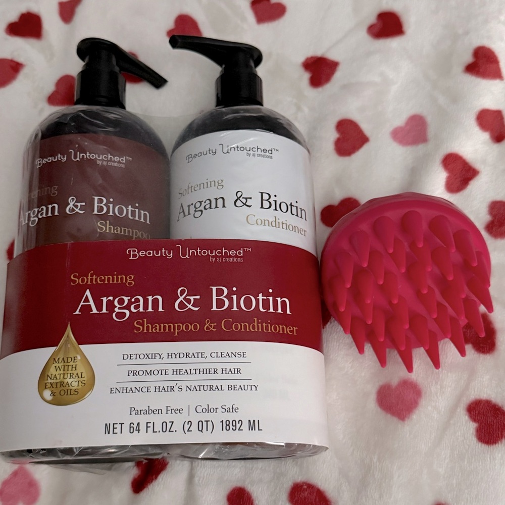 Argan & Biotin Shampoo + Conditioner set! Tada Beauty scalp massager included!